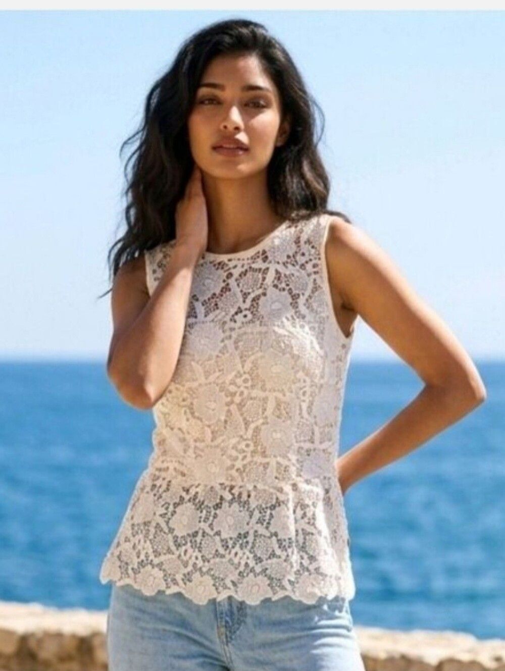 CAbi White and Ivory Floral Crochet Peplum Sleeveless Top Size XS